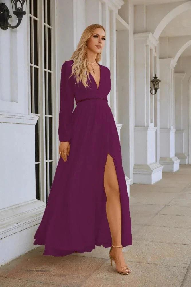 Ladies V Neck Chiffon Long Sleeve Front Slit Bridesmaid Evening Dress Wedding Party Shopping Evening Dress 28109 by numbersea