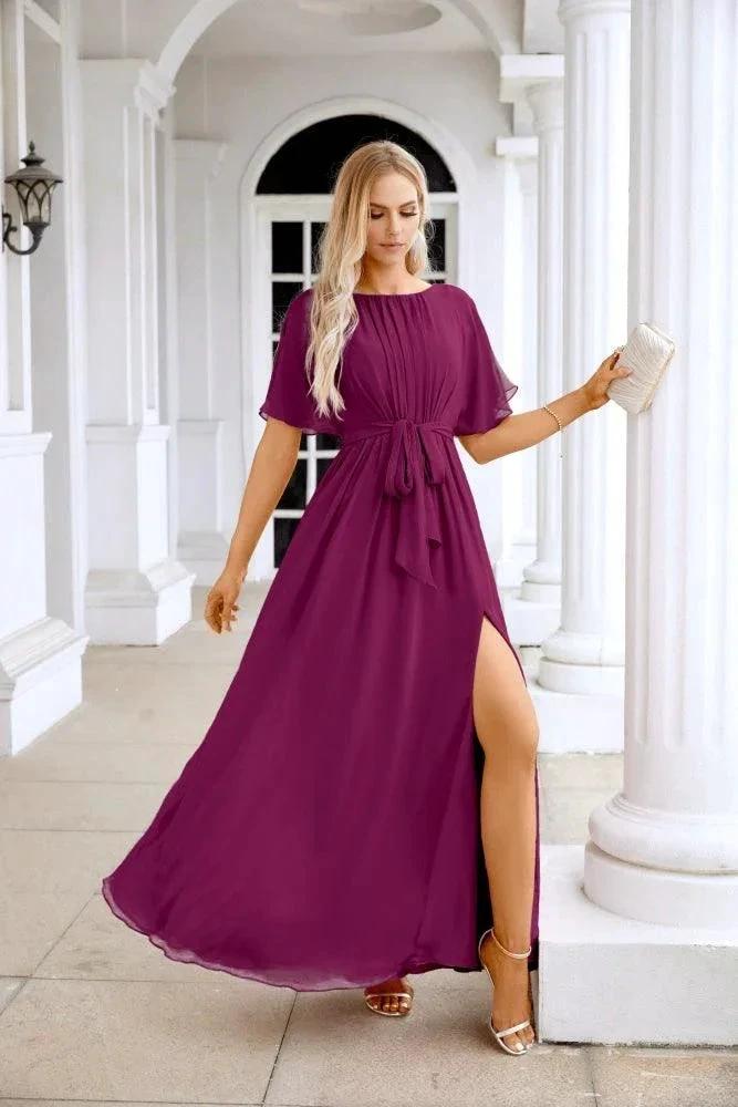 Ladies Chiffon Sleeve Crew Neck Front Slit Floor Length Bridesmaid Evening Dress Wedding Party Evening Dress 28124 by numbersea