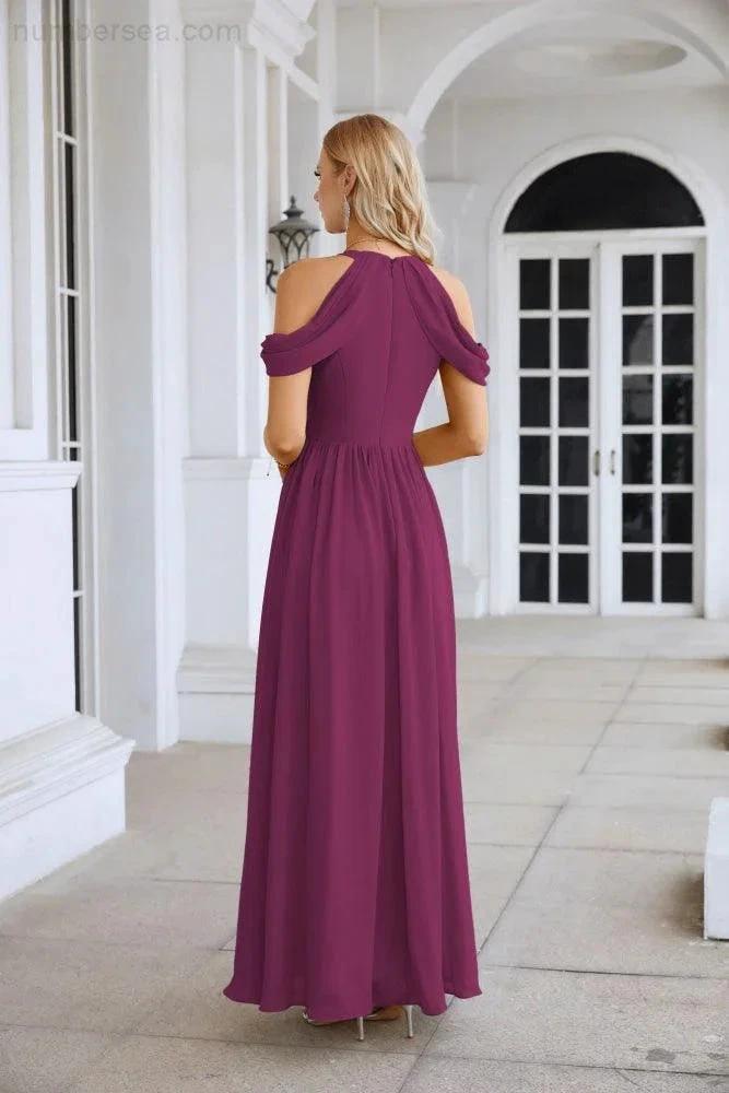 Ladies Chiffon Off Shoulder Swing Sleeve Front Slit Bridesmaid Evening Dress Wedding Party Evening Dress 28117 (ZD17011)
