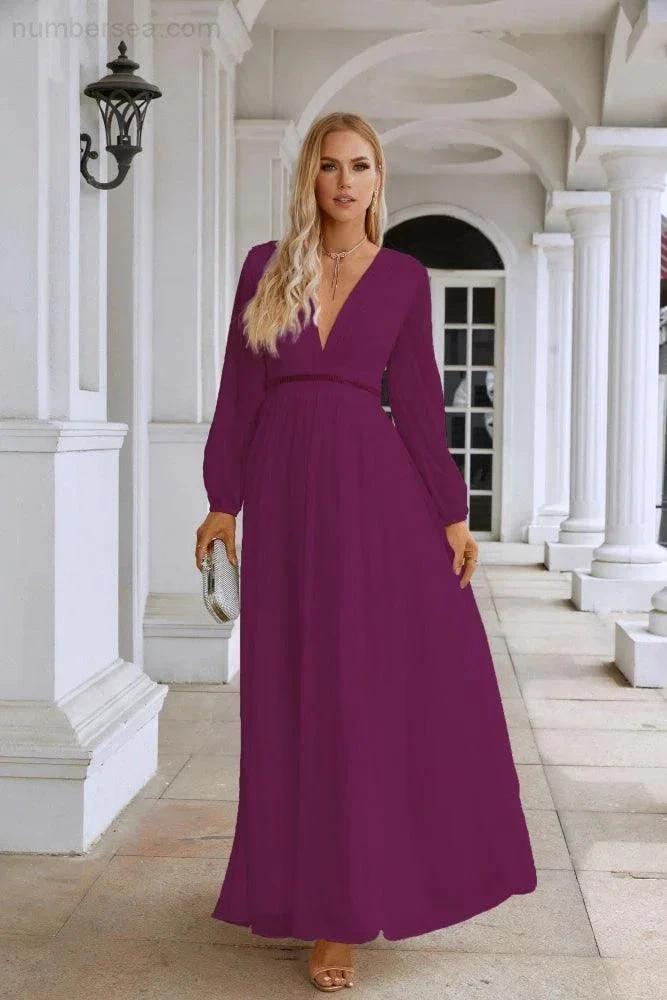 Ladies V Neck Chiffon Long Sleeve Front Slit Bridesmaid Evening Dress Wedding Party Shopping Evening Dress 28109 (ZD16991)