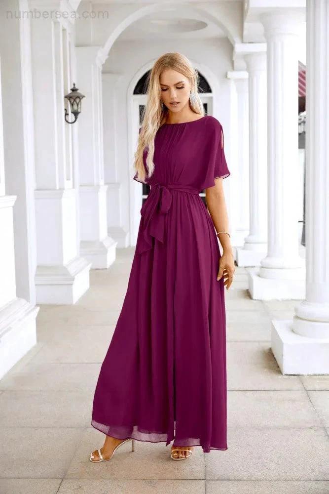 Ladies Chiffon Sleeve Crew Neck Front Slit Floor Length Bridesmaid Evening Dress Wedding Party Evening Dress 28124 (ZD17007)
