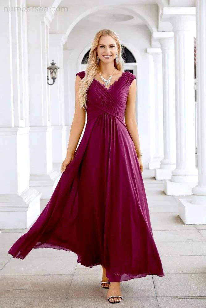 Ladies Chiffon V Neck Sleeveless Floor Length Bridesmaid Evening Dress Wedding Party Evening Dress 28126 (ZD16989)