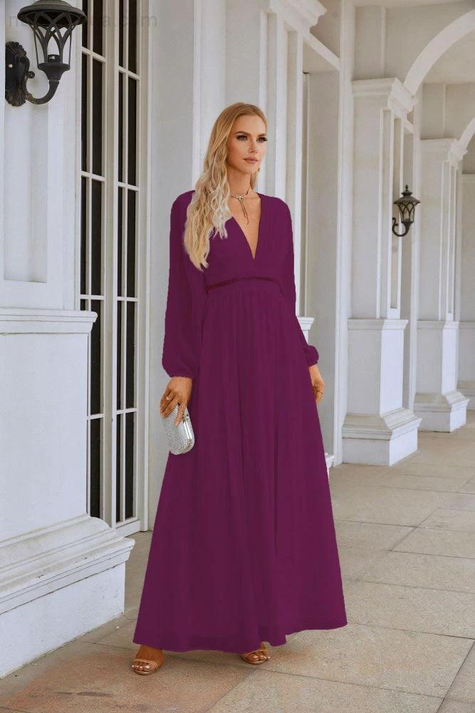 Ladies V Neck Chiffon Long Sleeve Front Slit Bridesmaid Evening Dress Wedding Party Shopping Evening Dress 28109 (ZD16991)