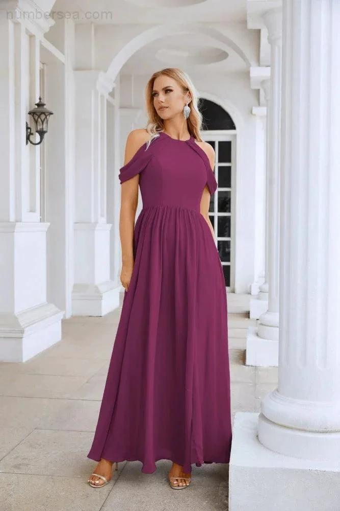 Ladies Chiffon Off Shoulder Swing Sleeve Front Slit Bridesmaid Evening Dress Wedding Party Evening Dress 28117 (ZD17011)