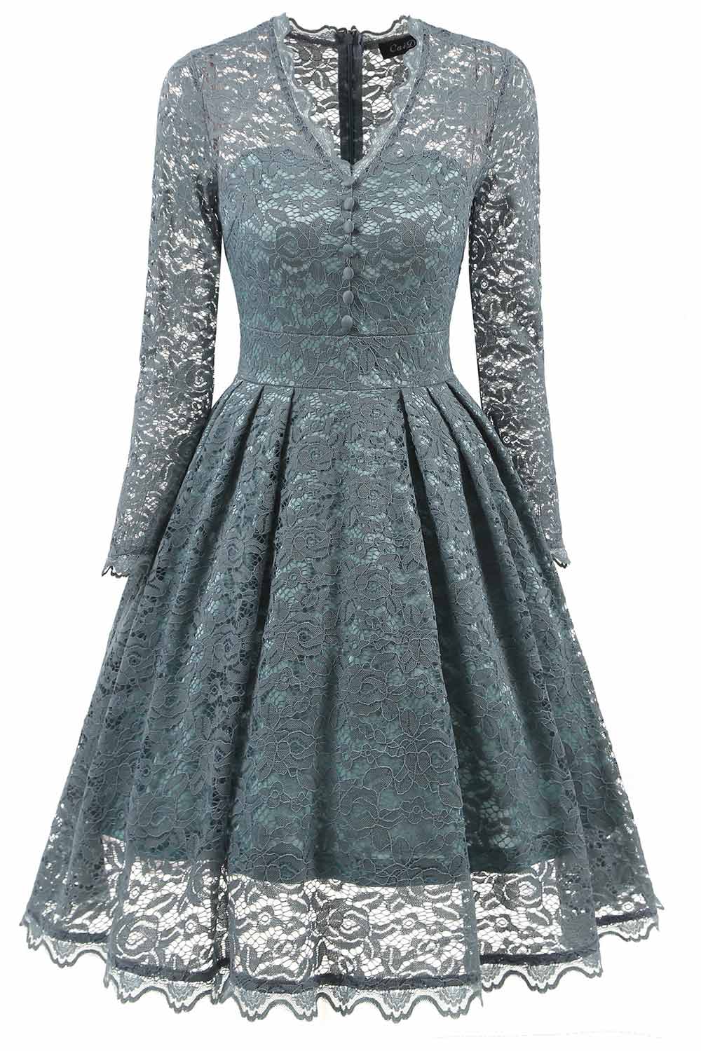 V-neck Lace Prom Dress With Long Sleeves - Fashionpara