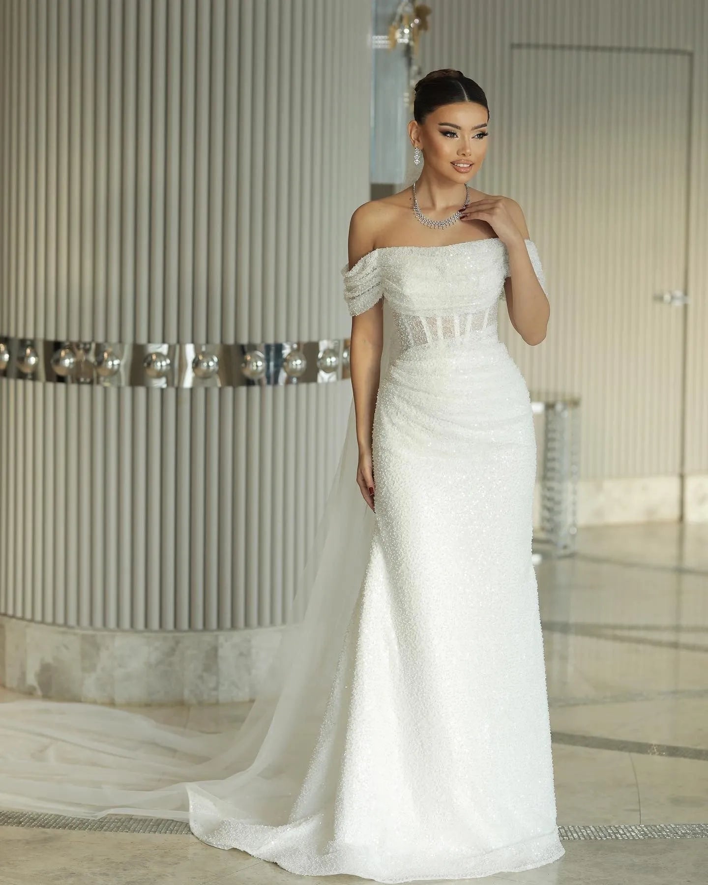 Elegant Mermaid Wedding Dresses Off The Shoulder Sequines Bridal Dress Boho Beach Wedding Prom Ball Gowns Customized