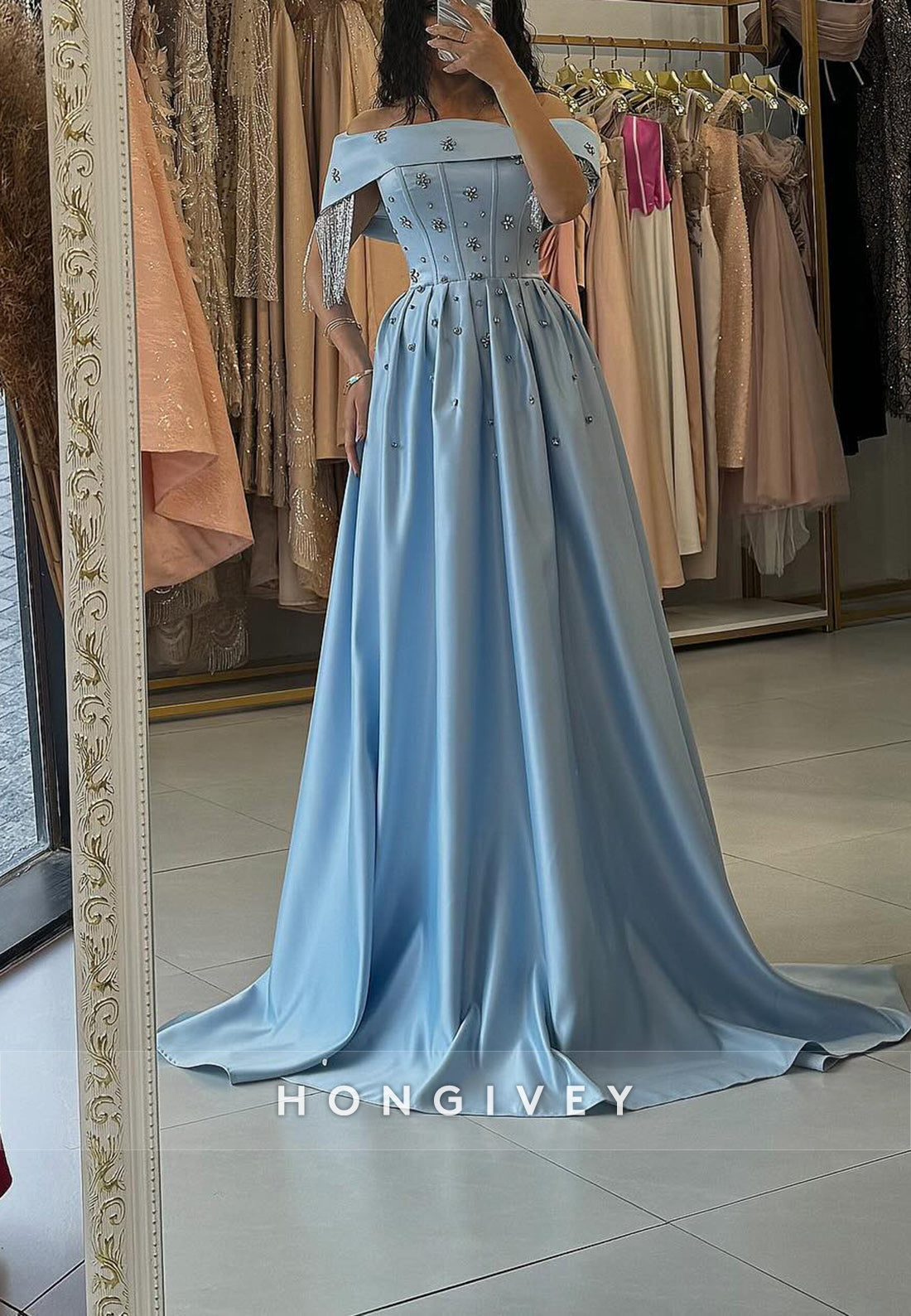 Princess Chapel Train Rhinestone Satin Appliqued Off the Shoulder Evening Gown