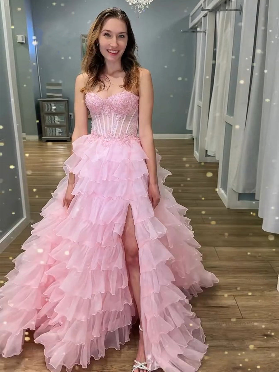 Pink Strapless Tiered Ruffles Lace Appliqués Corset Prom Dress with Slit