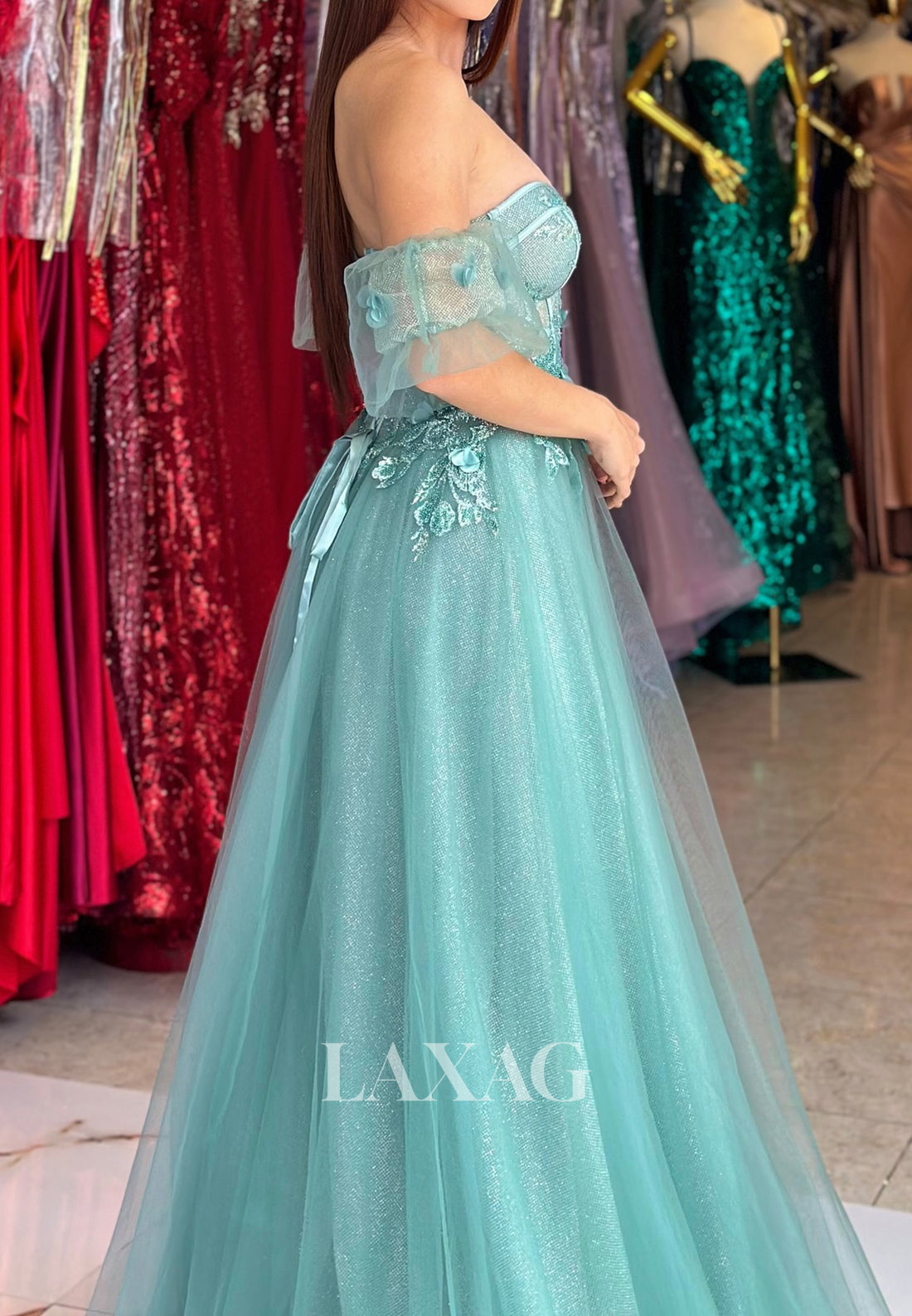 A-Line Off-Shoulder Sleeveless Pleated Party Gowns Sweetheart Applique Tulle Prom Dress with Train