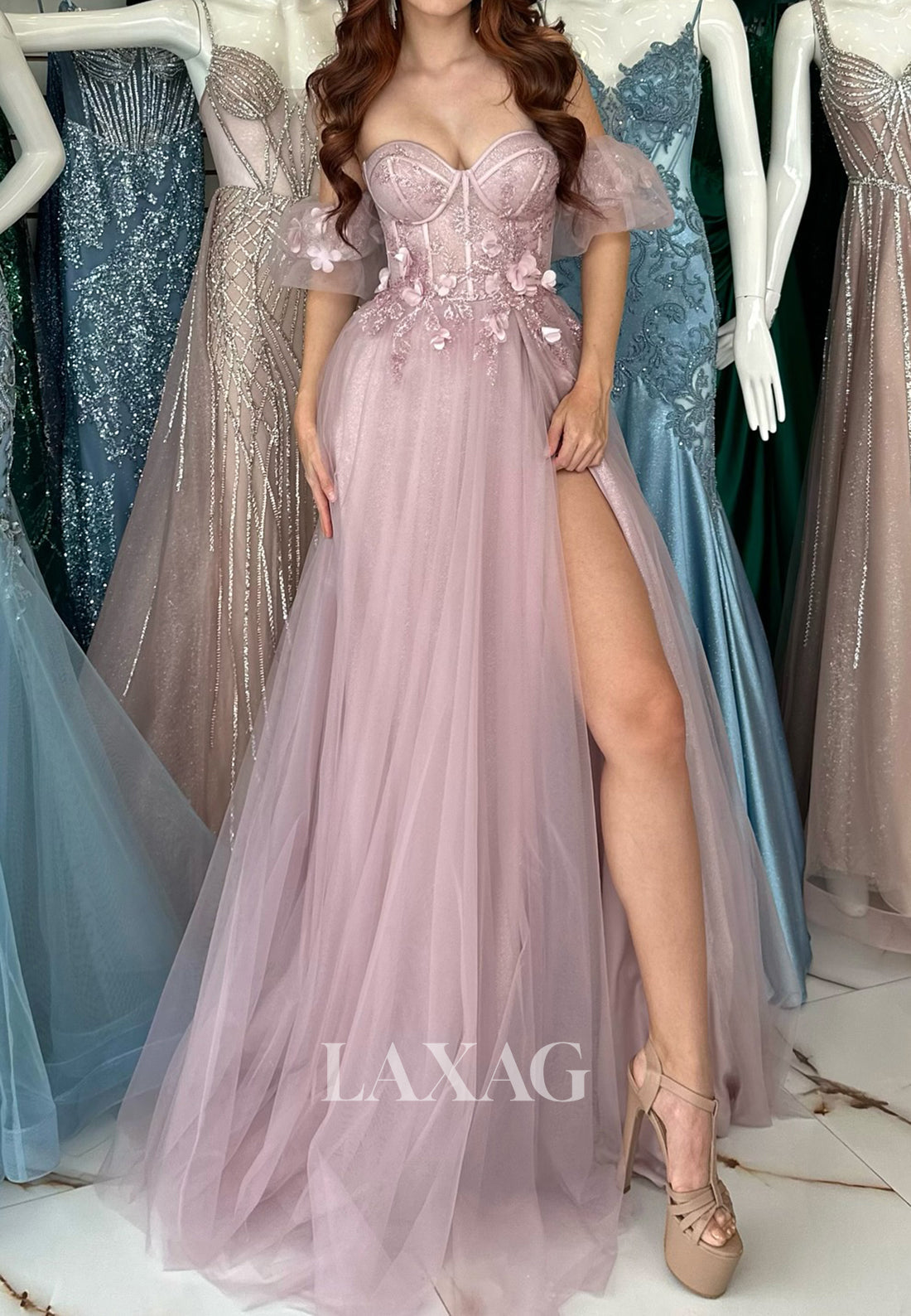A-Line Off-Shoulder Sleeveless Pleated Party Gowns Sweetheart Applique Tulle Prom Dress with Train