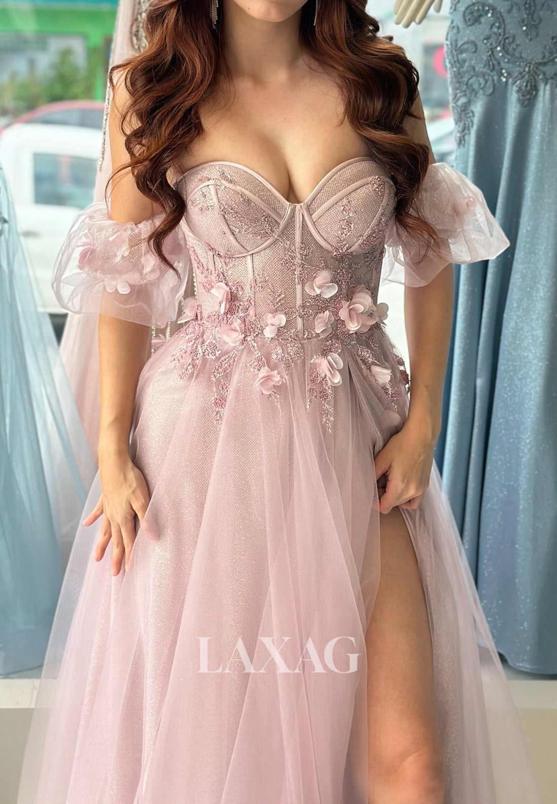 A-Line Off-Shoulder Sleeveless Pleated Party Gowns Sweetheart Applique Tulle Prom Dress with Train