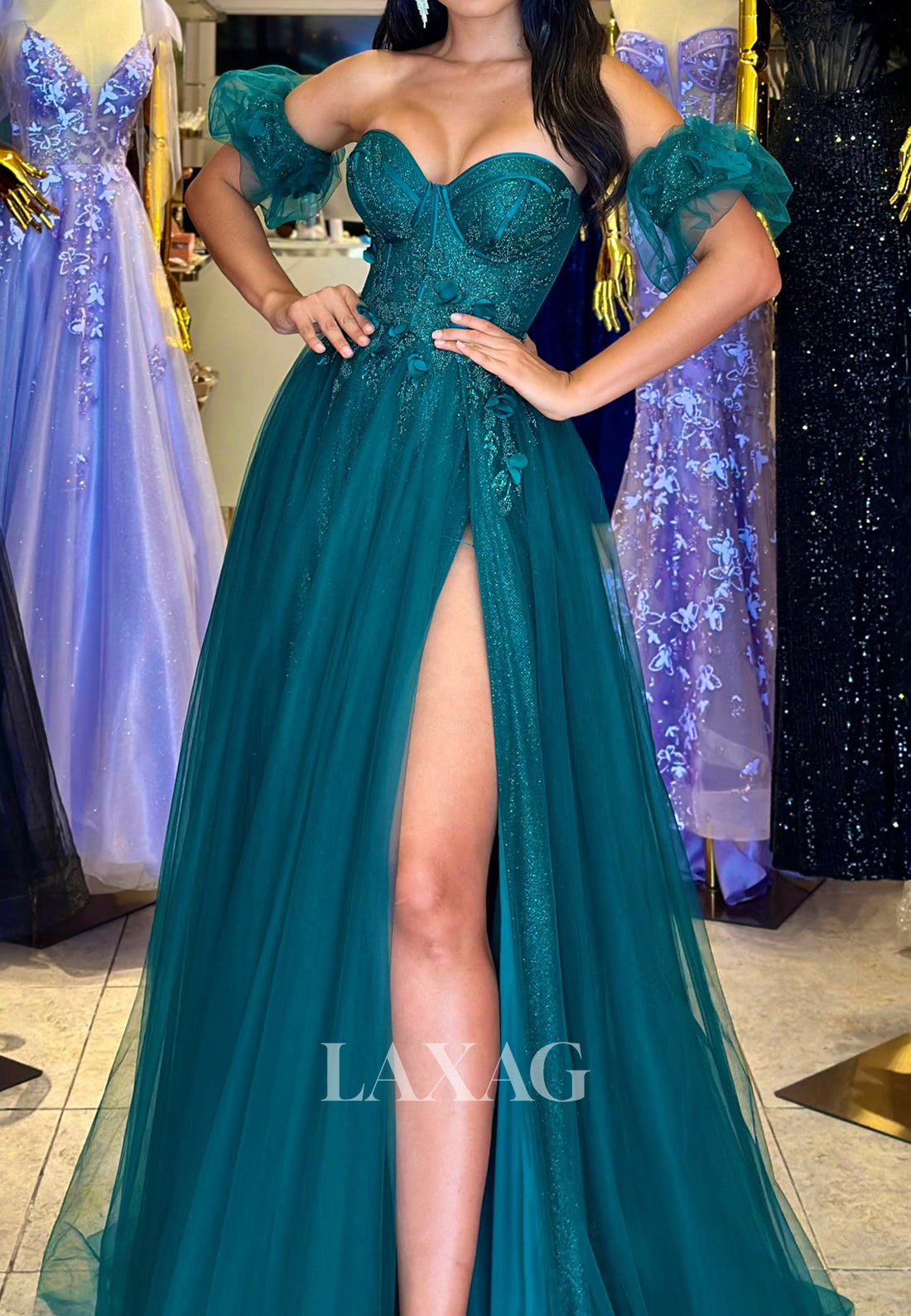 A-Line Off-Shoulder Sleeveless Pleated Party Gowns Sweetheart Applique Tulle Prom Dress with Train