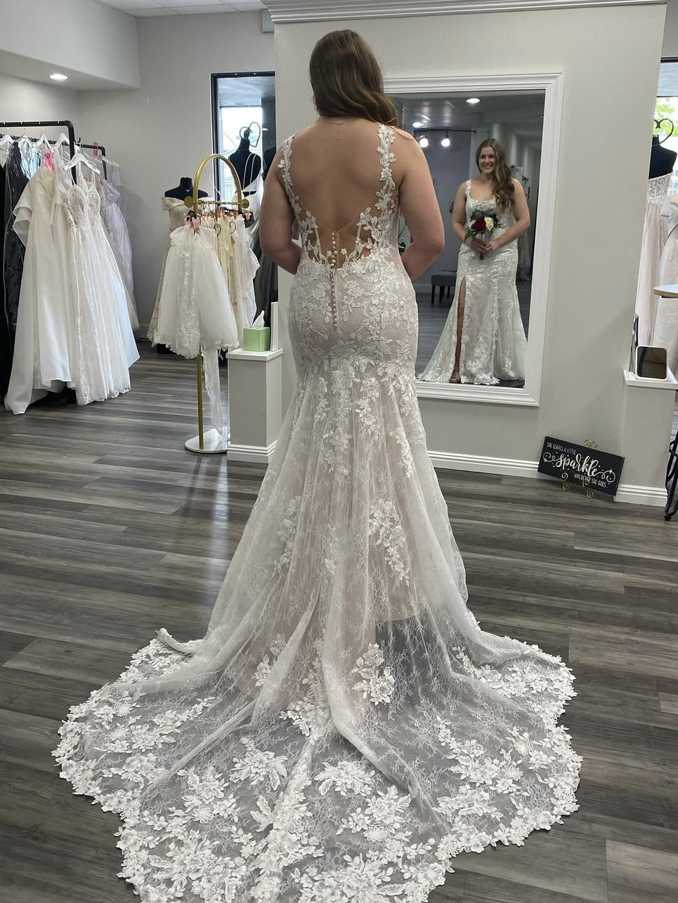 Square Neck Mermaid Slit Backless Wedding Dress With Lace Train