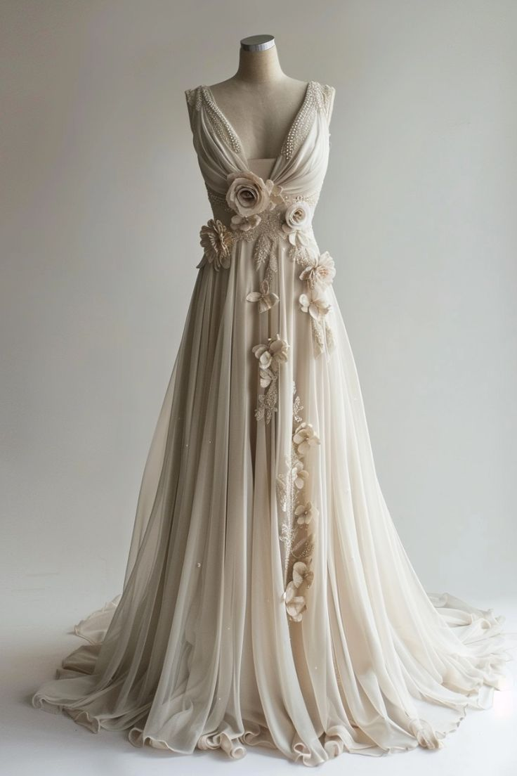 Vintage V-Neck Chiffon 3D Flowers Long Prom Dress, Wedding Dress