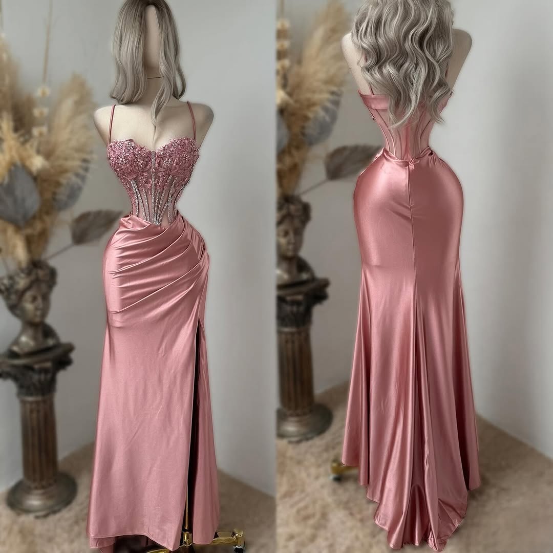 Glamorous Spaghetti Straps Sheath Appliques Pleats Satin Party Prom Dress with Beaded