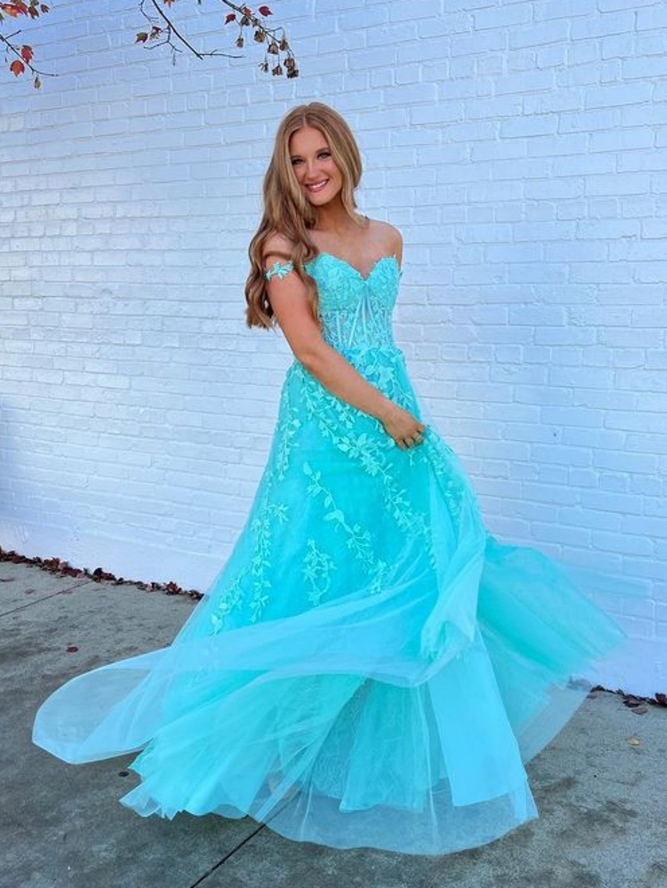 A Line Navy Straps Lace Long Prom Dress - Fashionpara