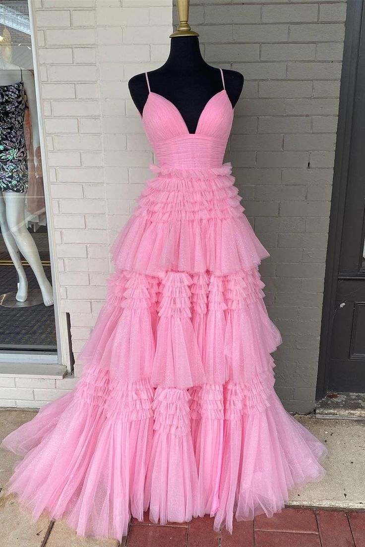 V Neck Layers Tulle Long Ball Gown,A Line Spaghetti Strap Evening Dresses