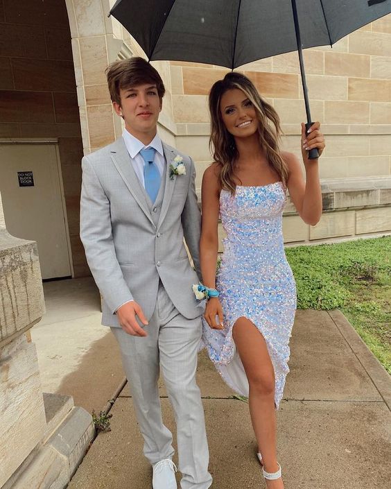 Sparkly Mermaid Scoop Neck White Sequins Long Prom Dresses with Slit