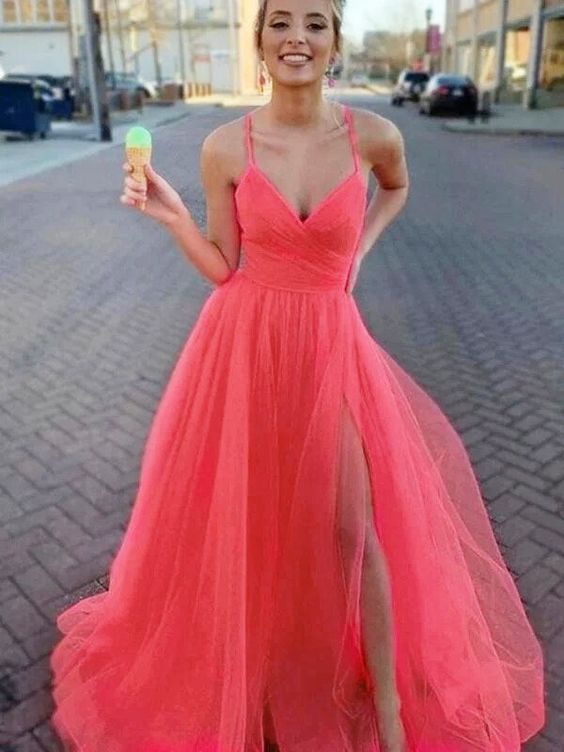 A-Line Princess Sleeveless Tulle V-neck Ruched Sweep Brush Train Dresses Prom Dresses