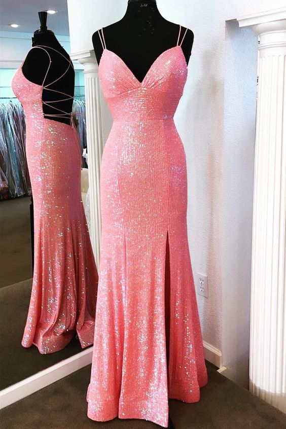 Long Pink Sparkle Sequins Prom Dresses Formal Evening Gowns - VelvetHem