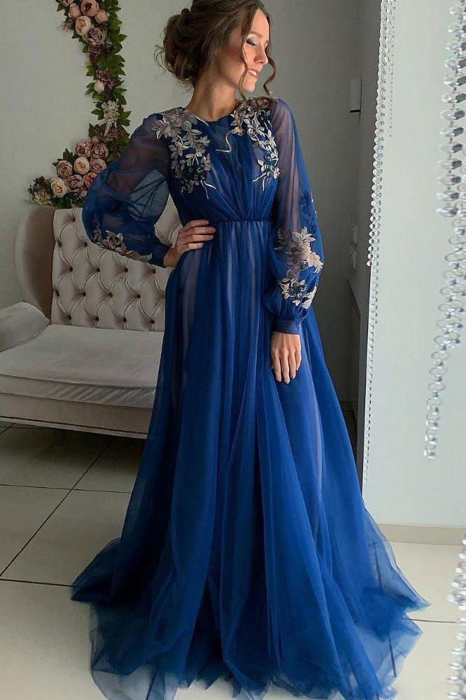 A Line Long Sleeve Tulle Appliques Prom Dresses, Long Evening Dress