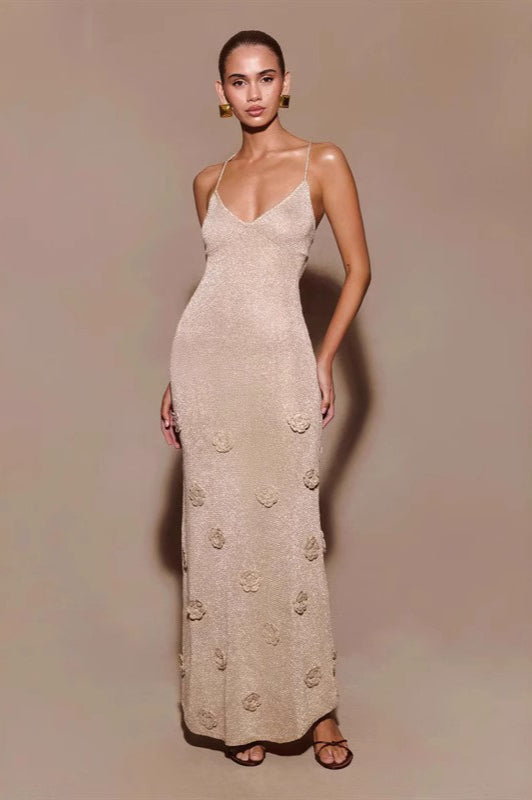 Fitted Maxi Knit Spaghetti Strap V Neck Sweater Dress - View 3 | VelvetHem
