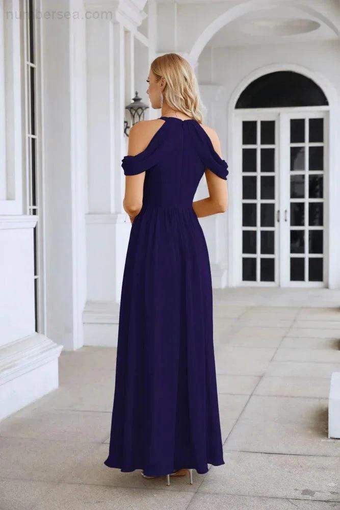 Ladies Chiffon Off Shoulder Swing Sleeve Front Slit Bridesmaid Evening Dress Wedding Party Evening Dress 28117 (ZD17011)