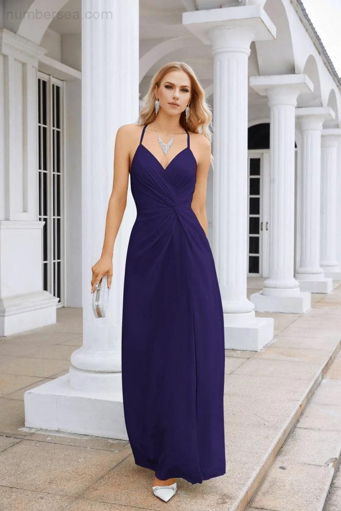 Ladies Chiffon Spaghetti Strap V Neck Front Slit Floor Length Bridesmaid Evening Dress Prom Party Wedding Evening Dress 28116 (ZD17012)