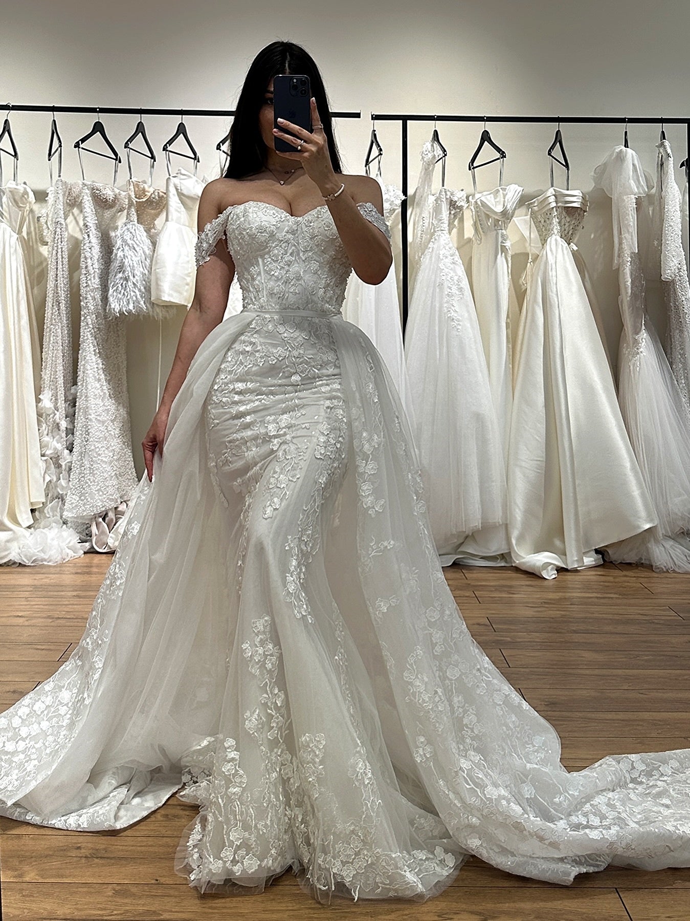 Off-Shoulder Lace Mermaid Wedding Dress With Tulle Overskirt And Long Train