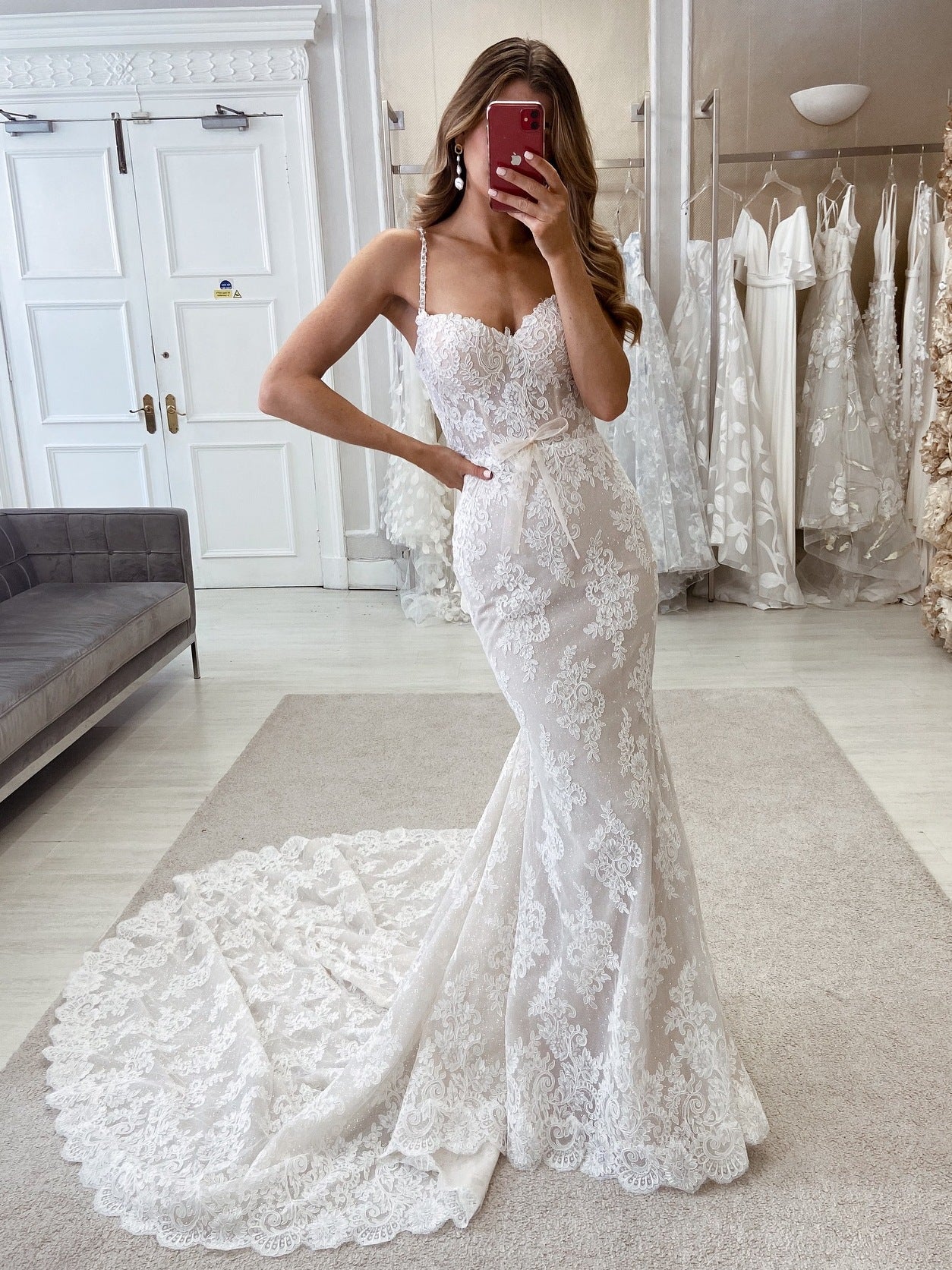 Spaghetti Strap Sweetheart Mermaid Lace Bridal Dress With Train