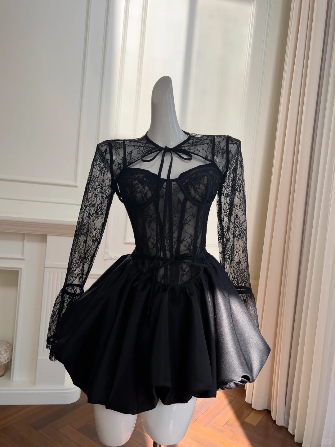 Sexy Black Lace Satin A-Line Homecoming Dress Short Prom Dress - FashionDia