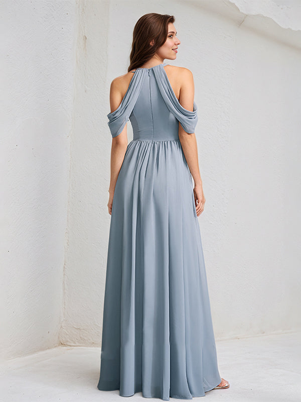 Dusty Blue A-Line High Neck Floor-Length Chiffon Bridesmaid Dress