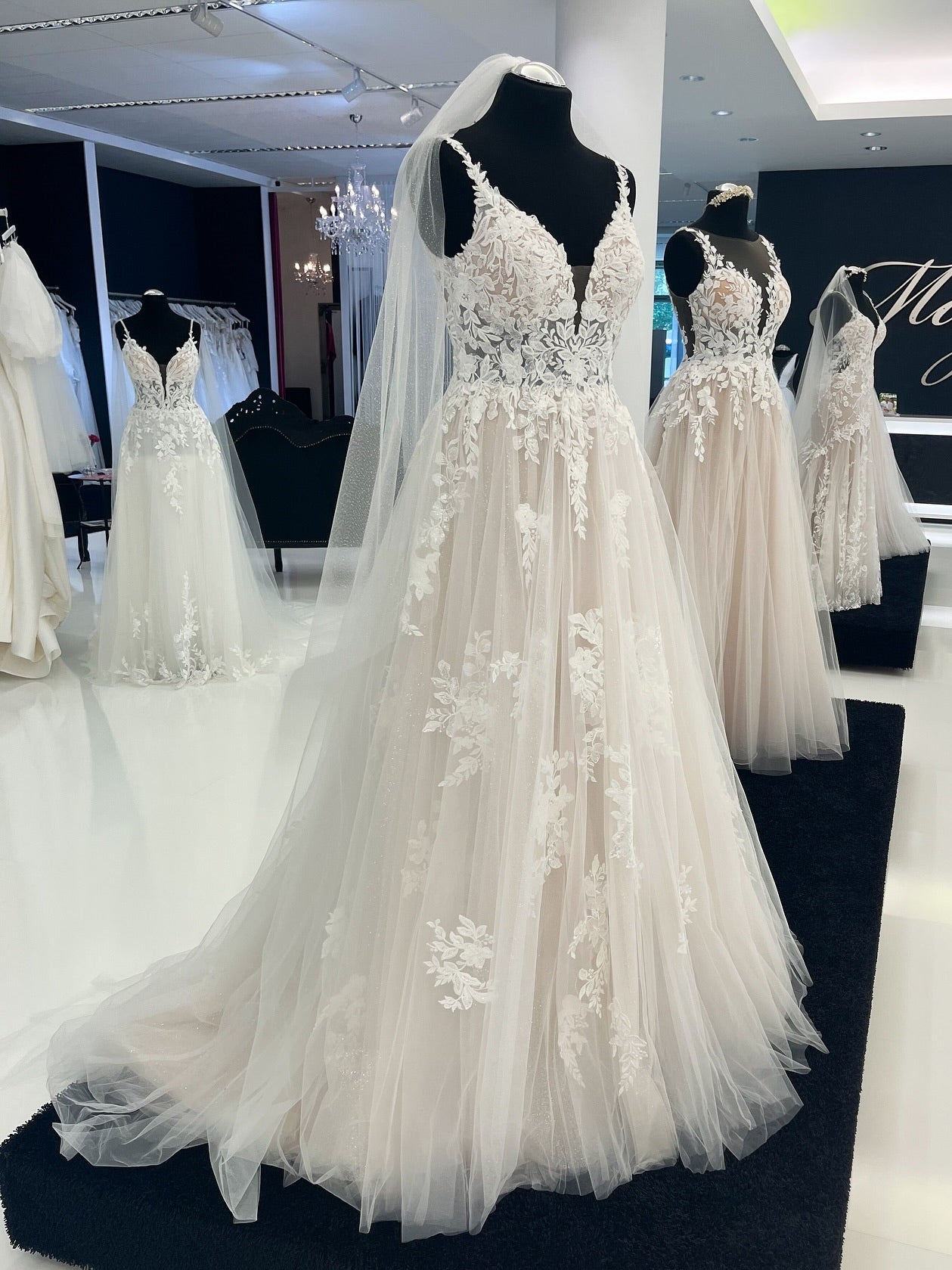 Spaghetti Strap Deep V Floral Lace Flowy Tulle A-Line Wedding Dress