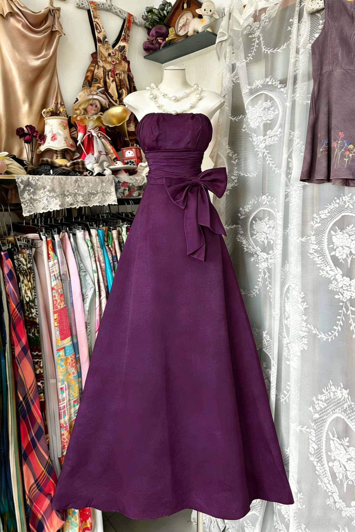 Elegant Navy Blue Strapless Satin Bow A-Line Long Wedding Guest Dress Party Dress - View 10 | FashionDia