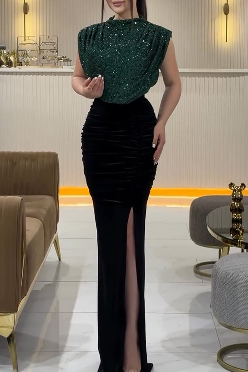 Sexy Prom Sequins Slit Sequined Half A Turtleneck Evening Dresses(3 Colors) - View 3 | VelvetHem