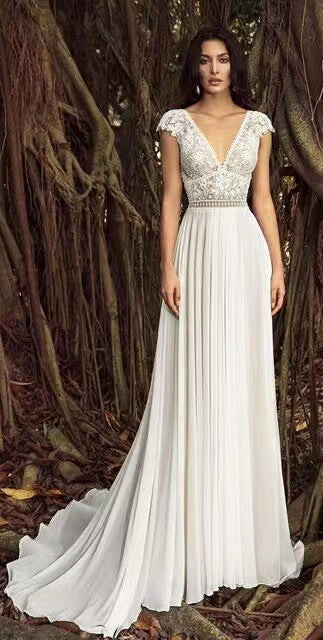 V-Neck Long Train Sheer Tulle Wedding Dress - Fashionpara