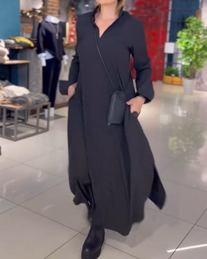 Rebeca Statement Loose Long Dress with Lapels and Side Slit Designer Edit