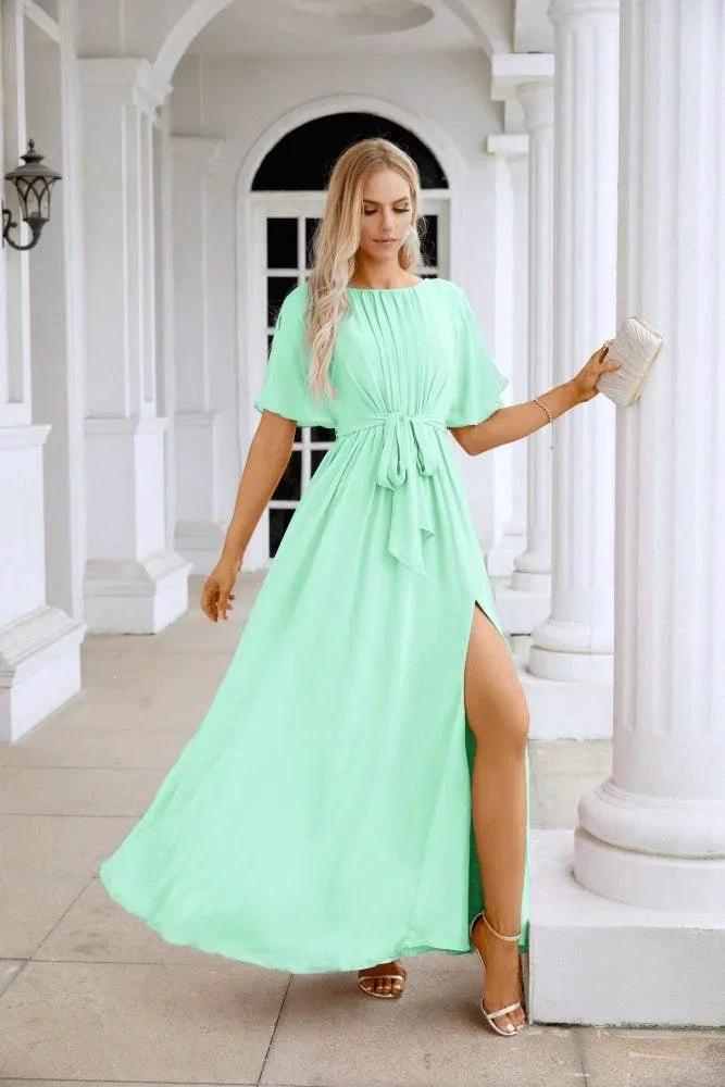 Ladies Chiffon Sleeve Crew Neck Front Slit Floor Length Bridesmaid Evening Dress Wedding Party Evening Dress 28124 by numbersea