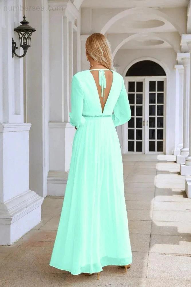 Ladies V Neck Chiffon Long Sleeve Front Slit Bridesmaid Evening Dress Wedding Party Shopping Evening Dress 28109 (ZD16991)