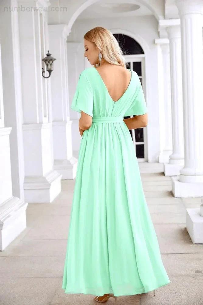 Ladies Chiffon Sleeve Crew Neck Front Slit Floor Length Bridesmaid Evening Dress Wedding Party Evening Dress 28124 (ZD17007)