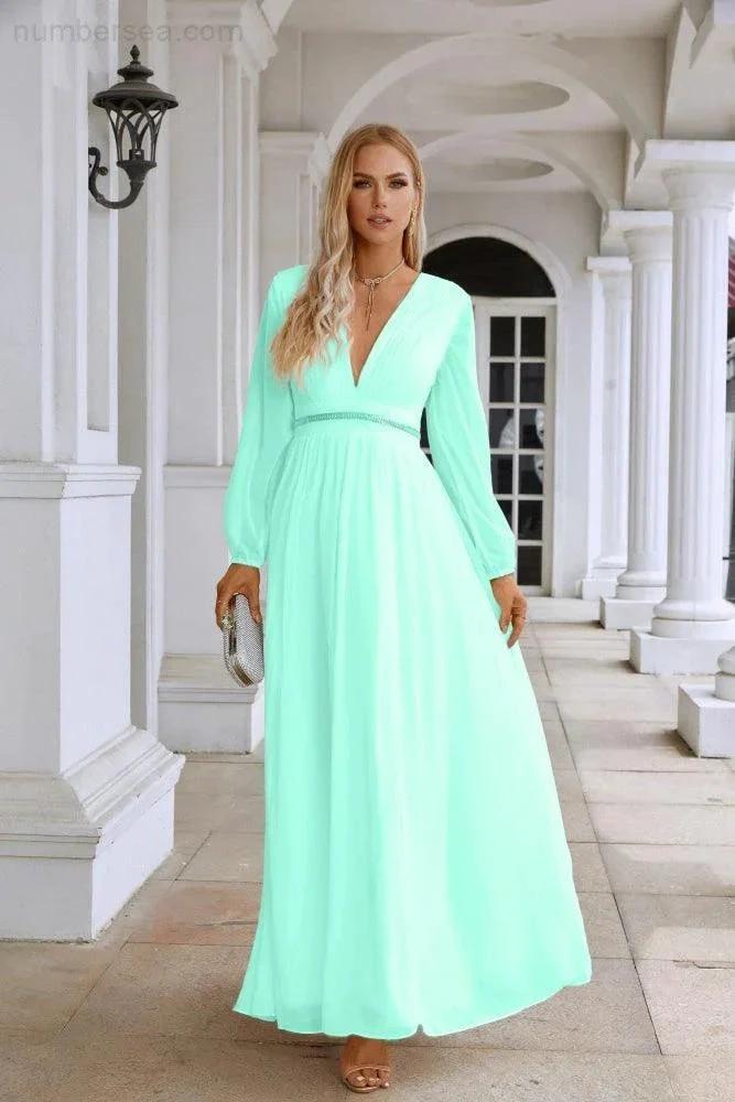 Ladies V Neck Chiffon Long Sleeve Front Slit Bridesmaid Evening Dress Wedding Party Shopping Evening Dress 28109 (ZD16991)