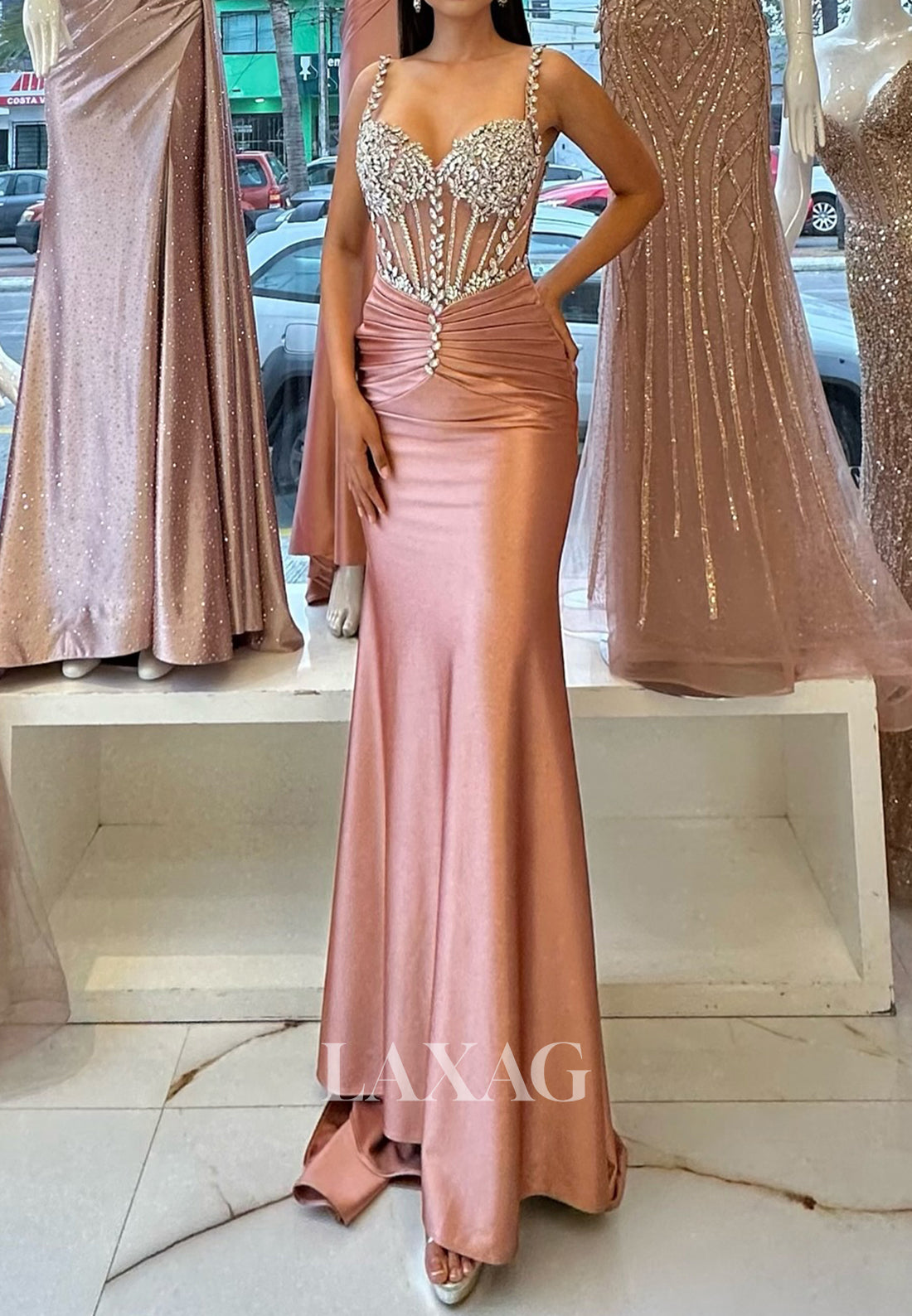 Sweetheart Spaghetti Straps Sleeveless Party Gowns Off-Shoulder Beaded Pleated Mermaid Prom Dress