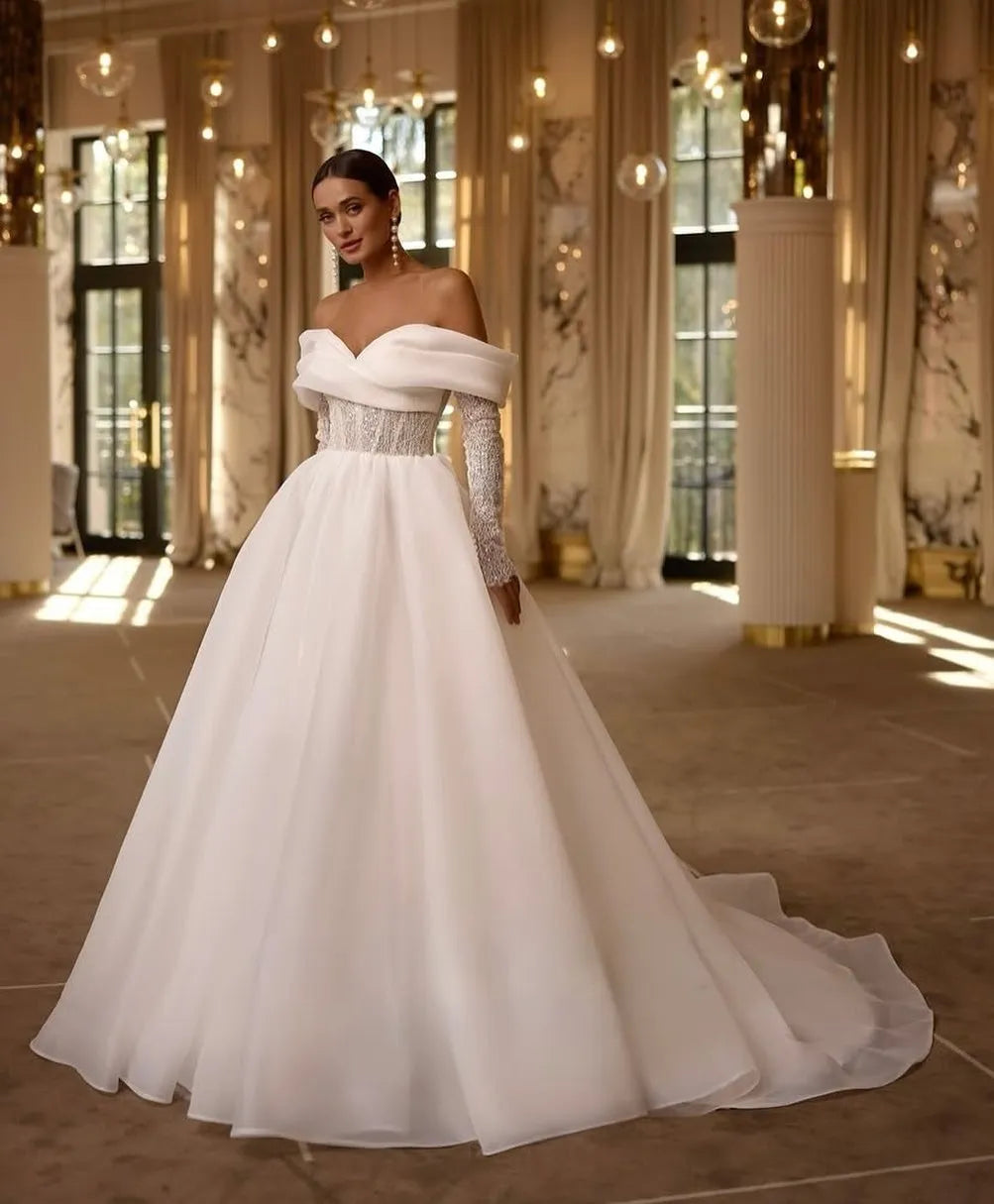 A-Line Wedding Dresses Off The Shoulder Long Sleeves Long Bridal Dress Elegant Wedding Prom Ball Gowns Customized