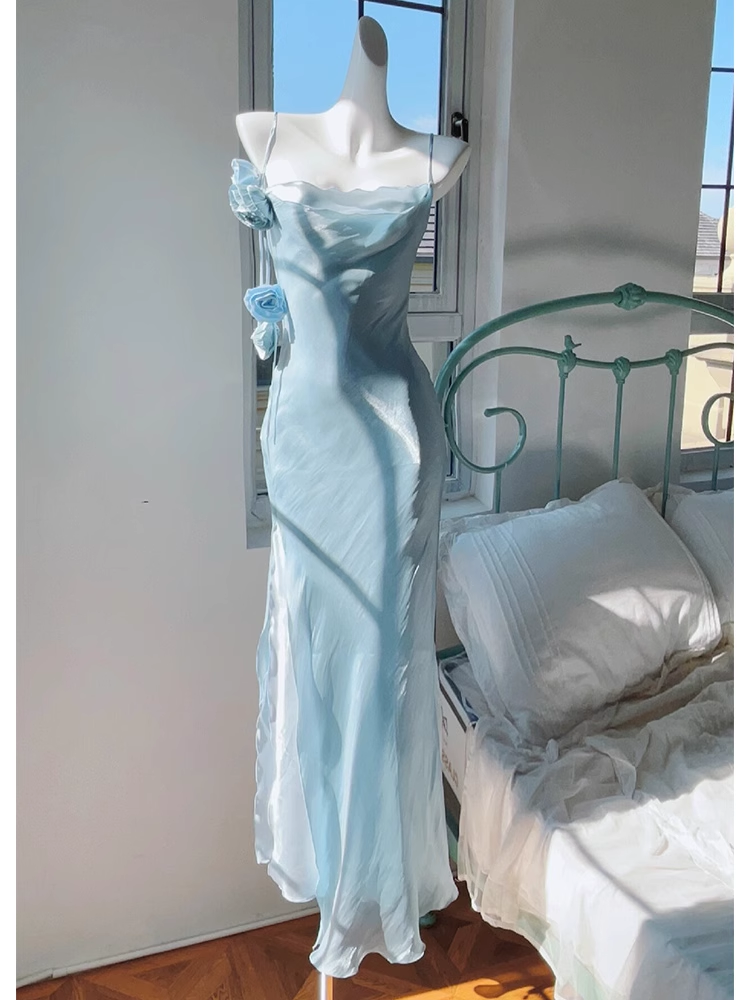 Chic Sheath Spaghetti Straps Light Sky Blue Flower Long Prom Dresses Birthday Outfits