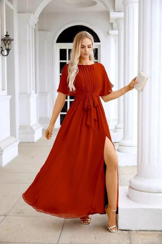 Ladies Chiffon Sleeve Crew Neck Front Slit Floor Length Bridesmaid Evening Dress Wedding Party Evening Dress 28124 by numbersea