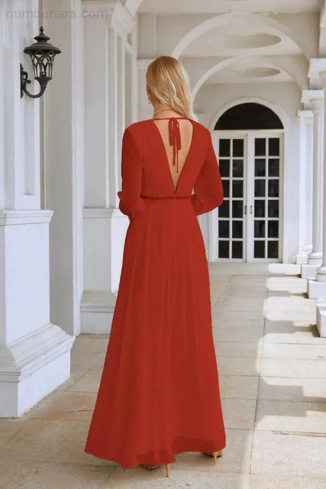 Ladies V Neck Chiffon Long Sleeve Front Slit Bridesmaid Evening Dress Wedding Party Shopping Evening Dress 28109 (ZD16991)