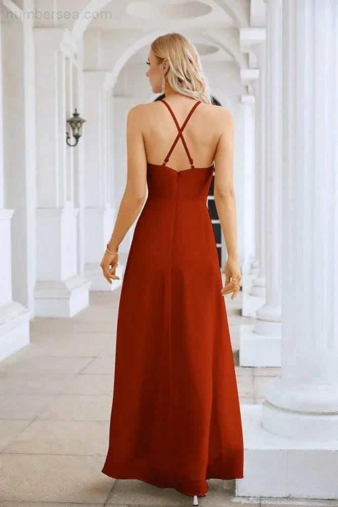 Ladies Chiffon Spaghetti Strap V Neck Front Slit Floor Length Bridesmaid Evening Dress Prom Party Wedding Evening Dress 28116 (ZD17012)