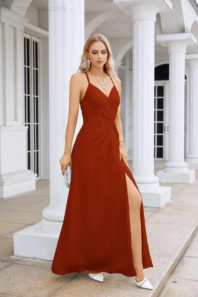 Ladies Chiffon Spaghetti Strap V Neck Front Slit Floor Length Bridesmaid Evening Dress Prom Party Wedding Evening Dress 28116 (ZD17012)