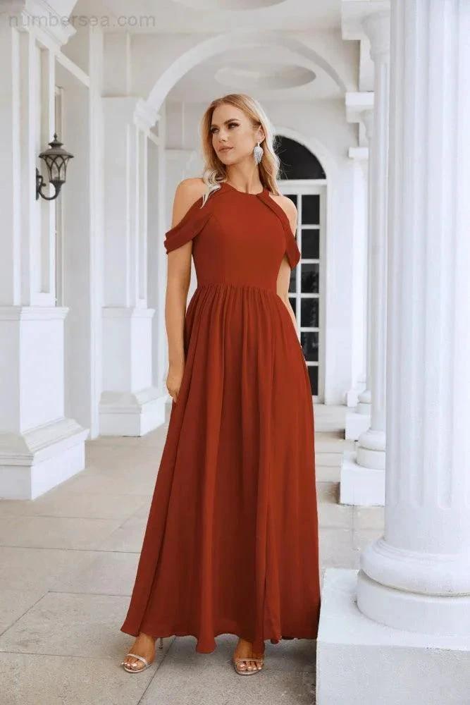Ladies Chiffon Off Shoulder Swing Sleeve Front Slit Bridesmaid Evening Dress Wedding Party Evening Dress 28117 (ZD17011)