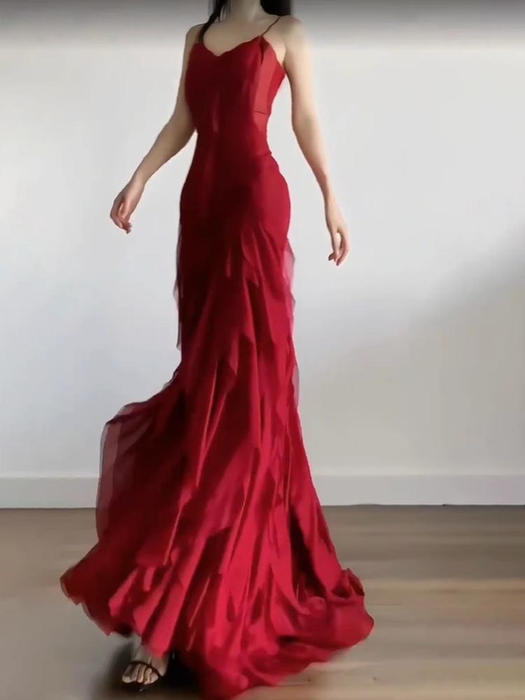 Simple Sheath Spaghetti Straps Burgundy Chiffon Long Ruffles Party Dresses Birthday Dress